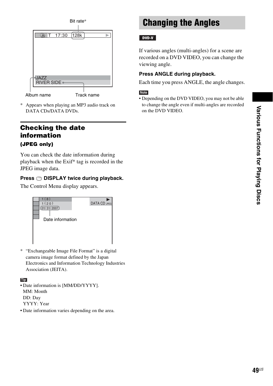 Checking the date information, Changing the angles | Sony DAV-HDX465 User Manual | Page 49 / 108
