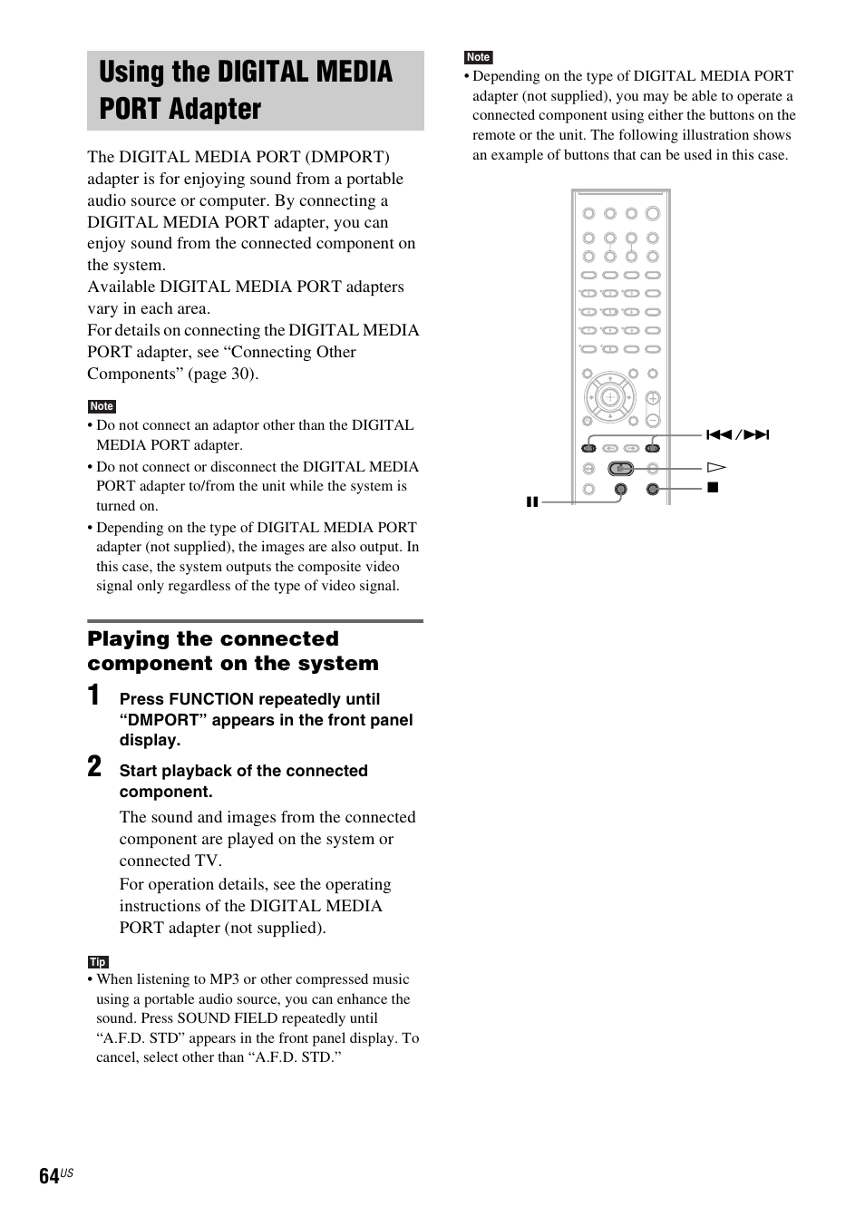 Using the digital media port adapter, Playing the connected component on the system, Using the digital media port | Adapter | Sony DAV-HDX465 User Manual | Page 64 / 108