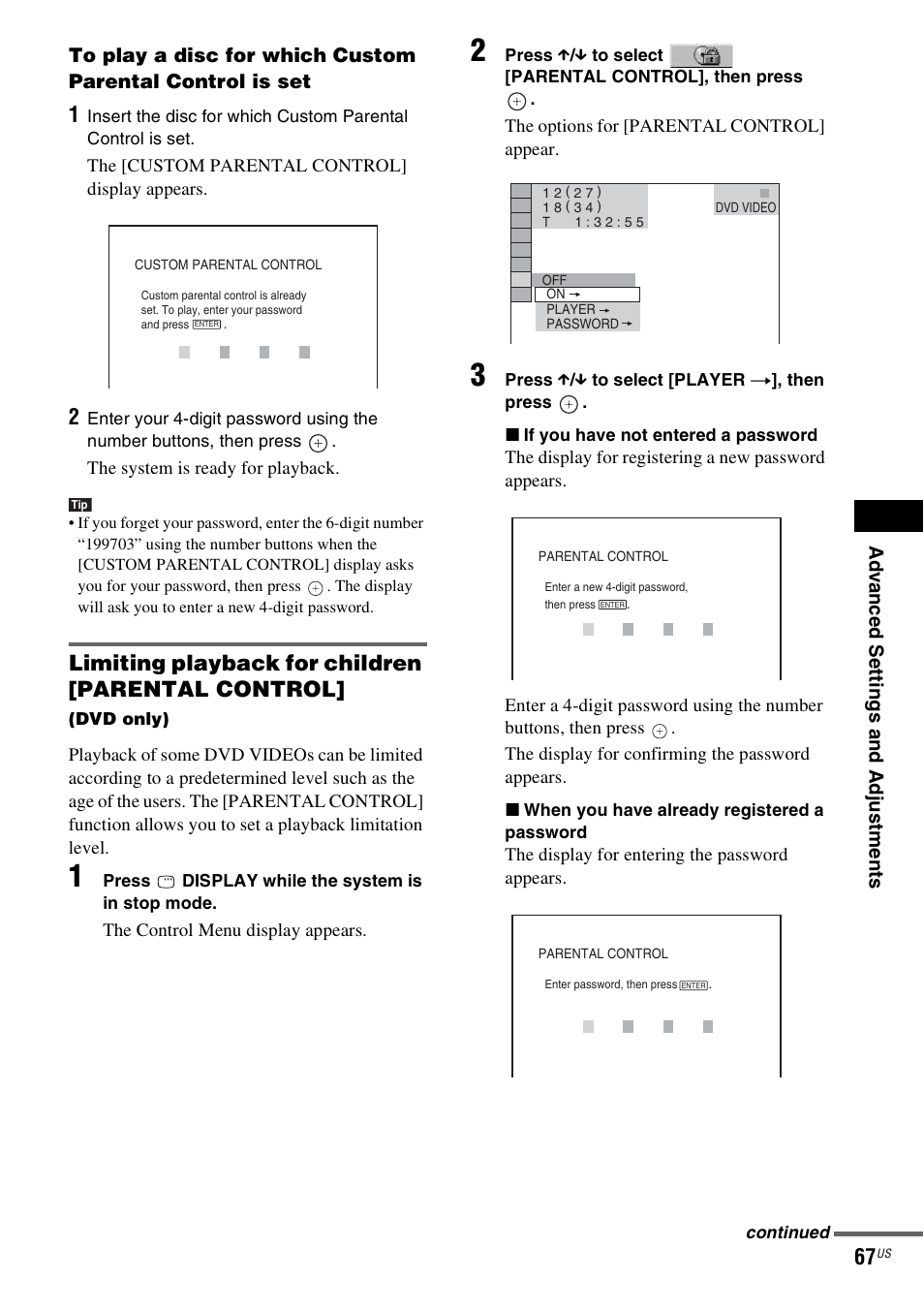 Limiting playback for children [parental control | Sony DAV-HDX465 User Manual | Page 67 / 108