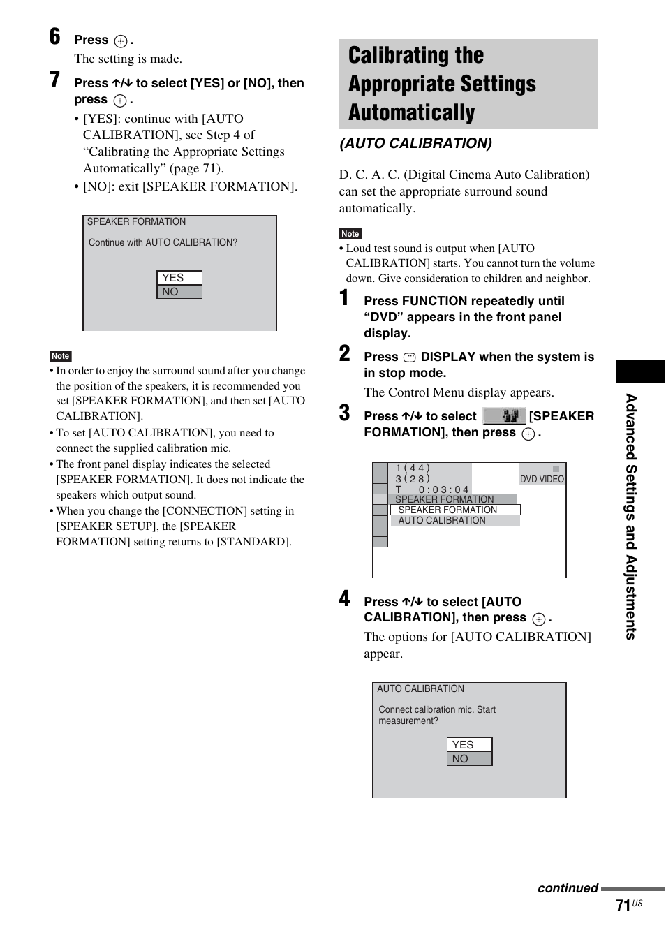 Calibrating the appropriate settings automatically, Calibrating the appropriate settings, Automatically (auto calibration) | Sony DAV-HDX465 User Manual | Page 71 / 108