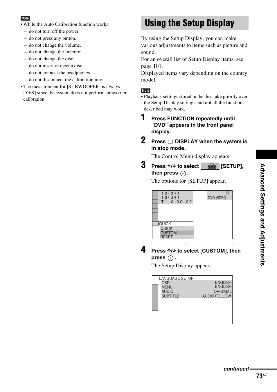 Using the setup display, Using | Sony DAV-HDX465 User Manual | Page 73 / 108