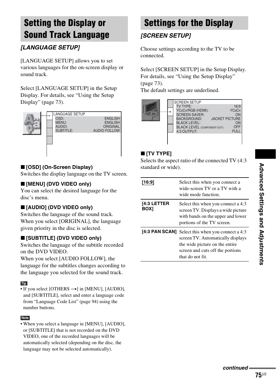 Setting the display or sound track language, Settings for the display, Setting the display or sound track | Language [language setup, Screen setup, Language setup | Sony DAV-HDX465 User Manual | Page 75 / 108