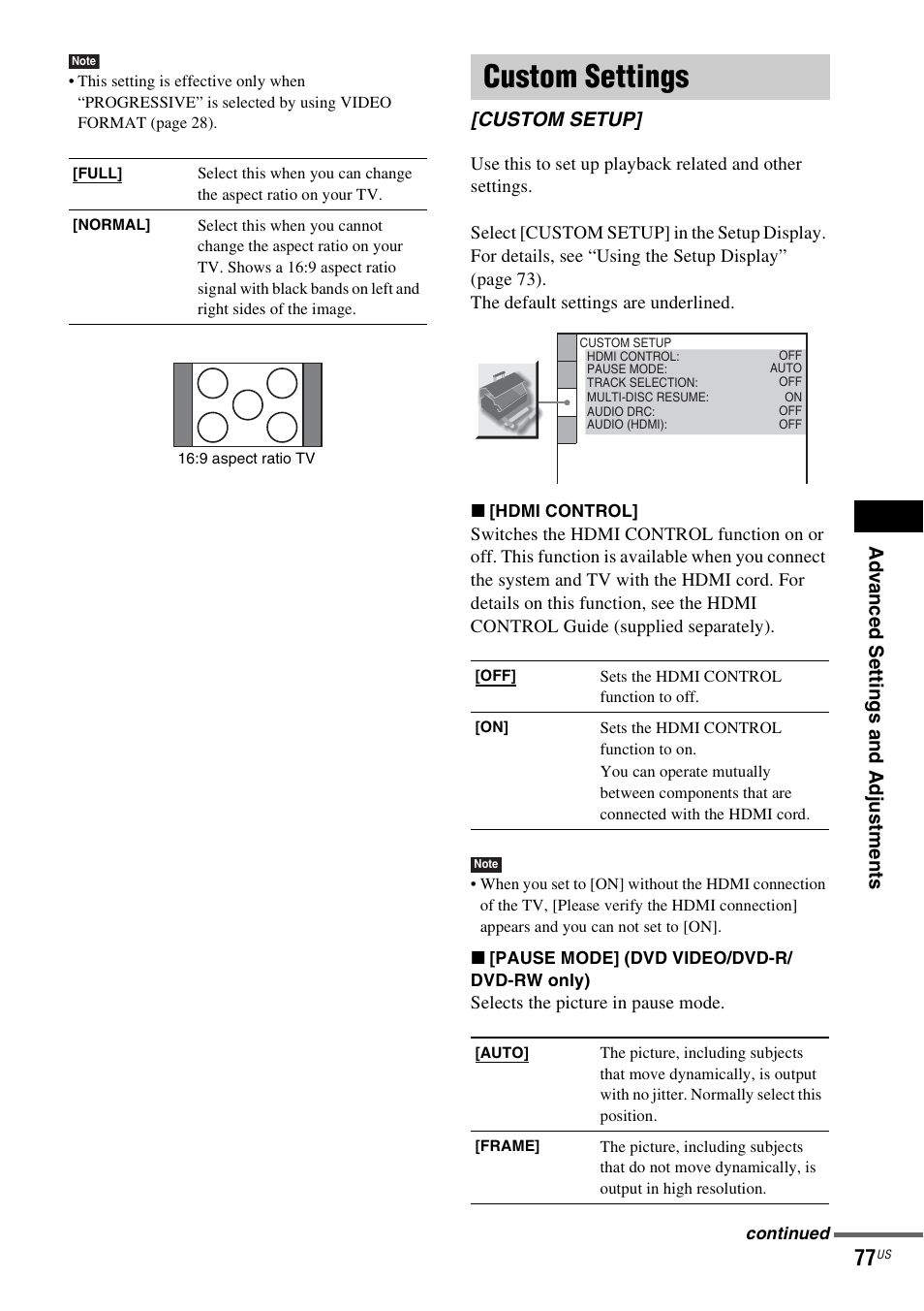 Custom settings, Custom setup | Sony DAV-HDX465 User Manual | Page 77 / 108