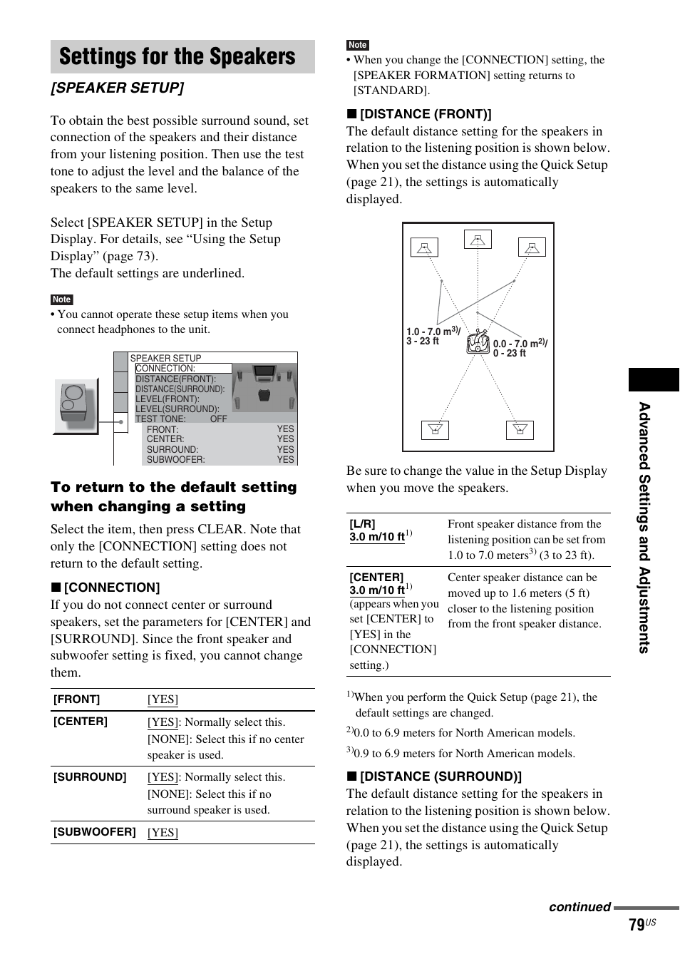 Settings for the speakers, Speaker setup | Sony DAV-HDX465 User Manual | Page 79 / 108