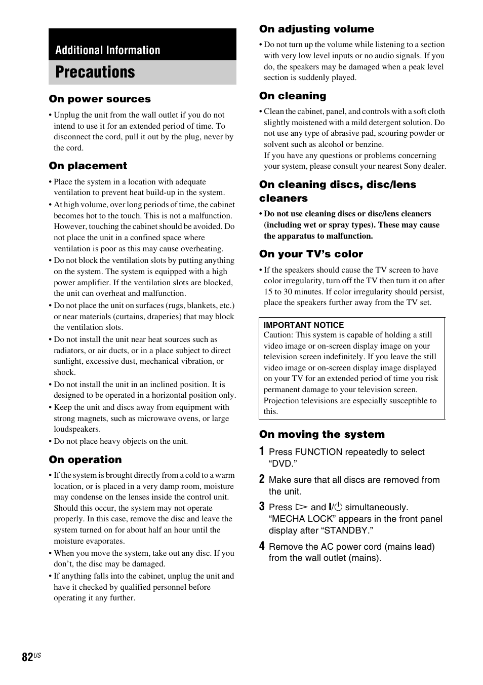 Additional information, Precautions | Sony DAV-HDX465 User Manual | Page 82 / 108
