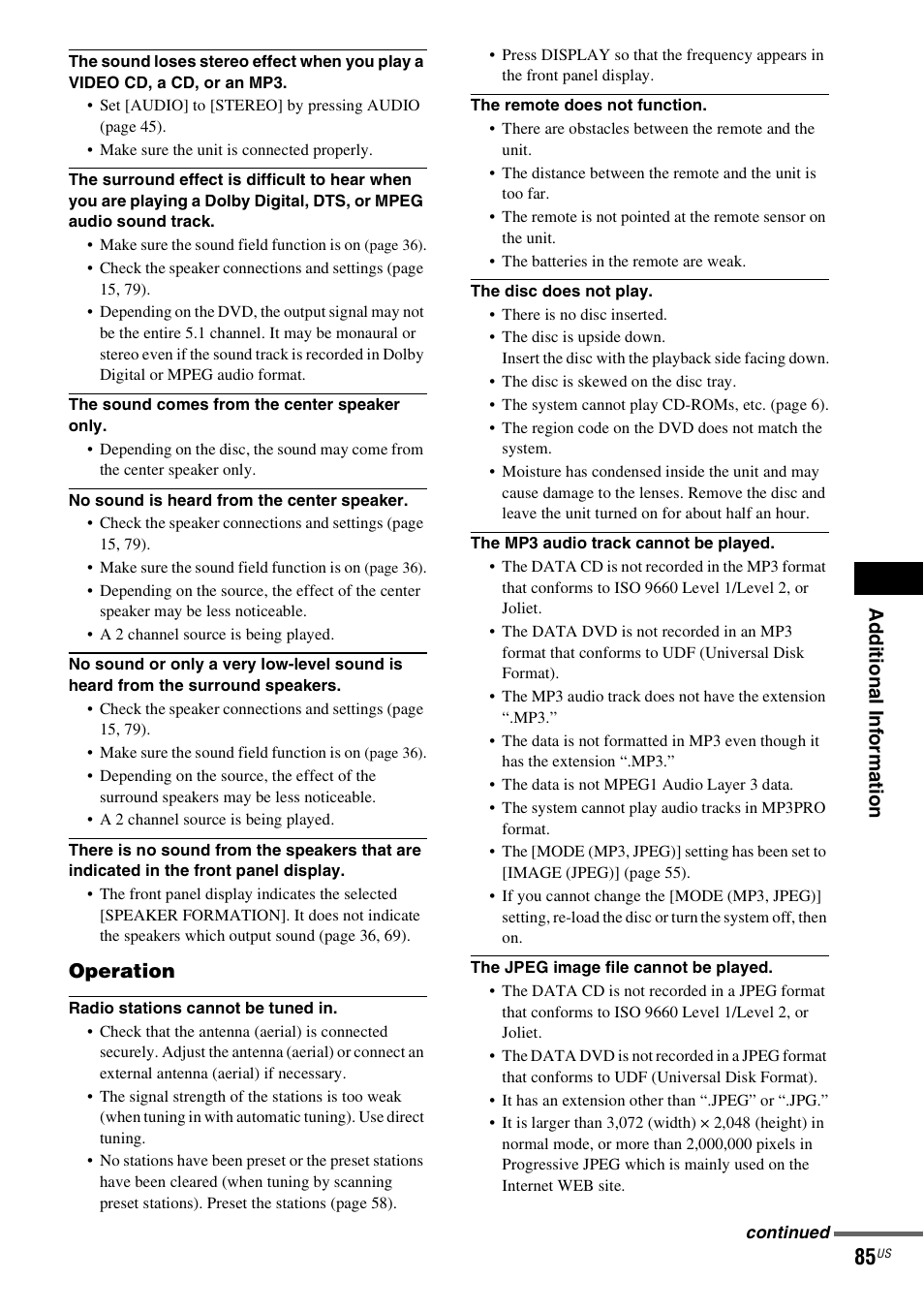 Ad dition al i n fo rm atio n, Operation | Sony DAV-HDX465 User Manual | Page 85 / 108
