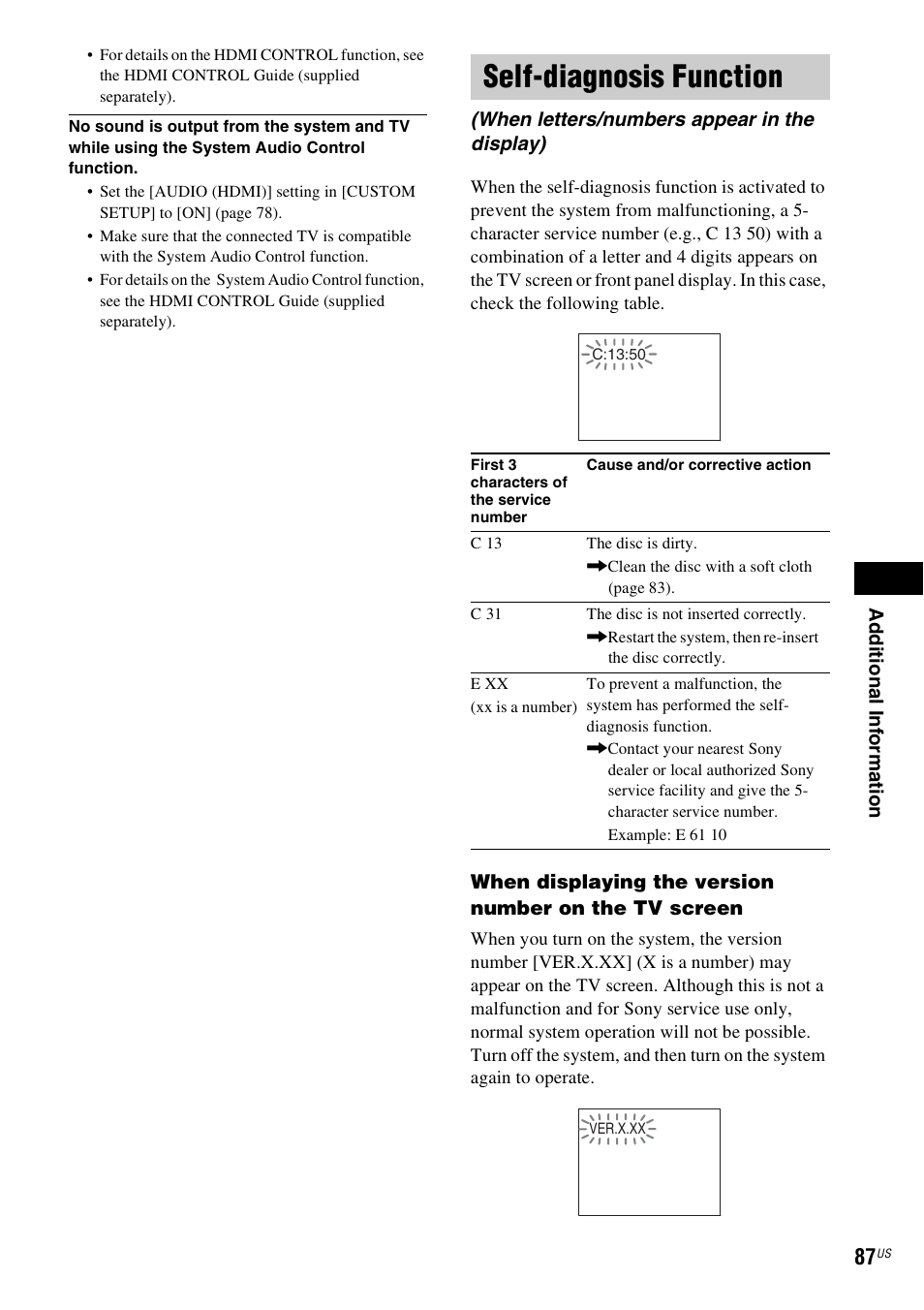 Self-diagnosis function, When letters/numbers appear in the display) | Sony DAV-HDX465 User Manual | Page 87 / 108
