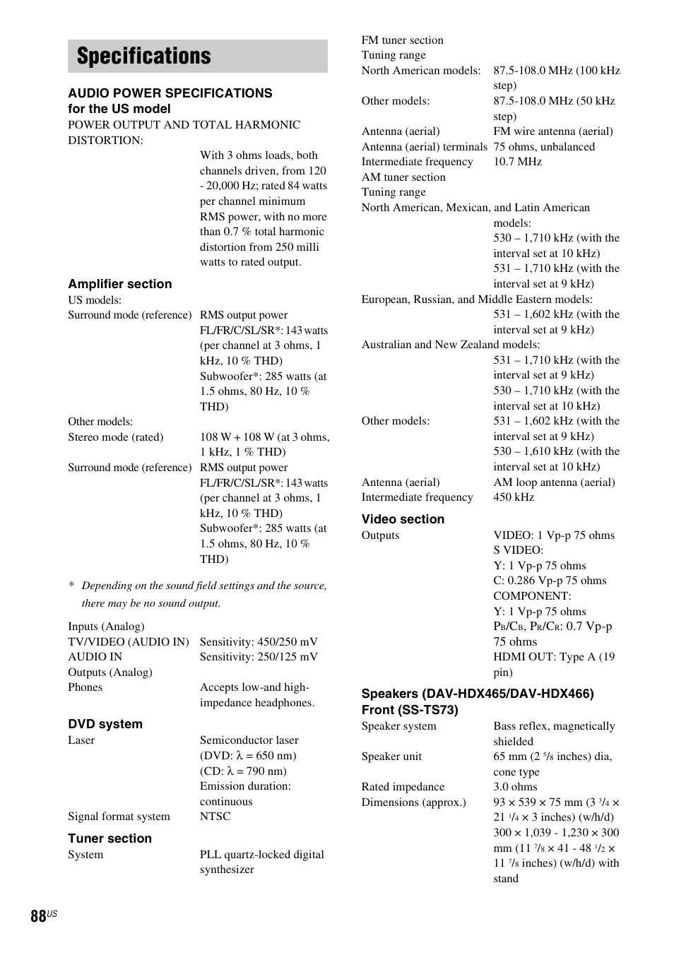 Specifications | Sony DAV-HDX465 User Manual | Page 88 / 108