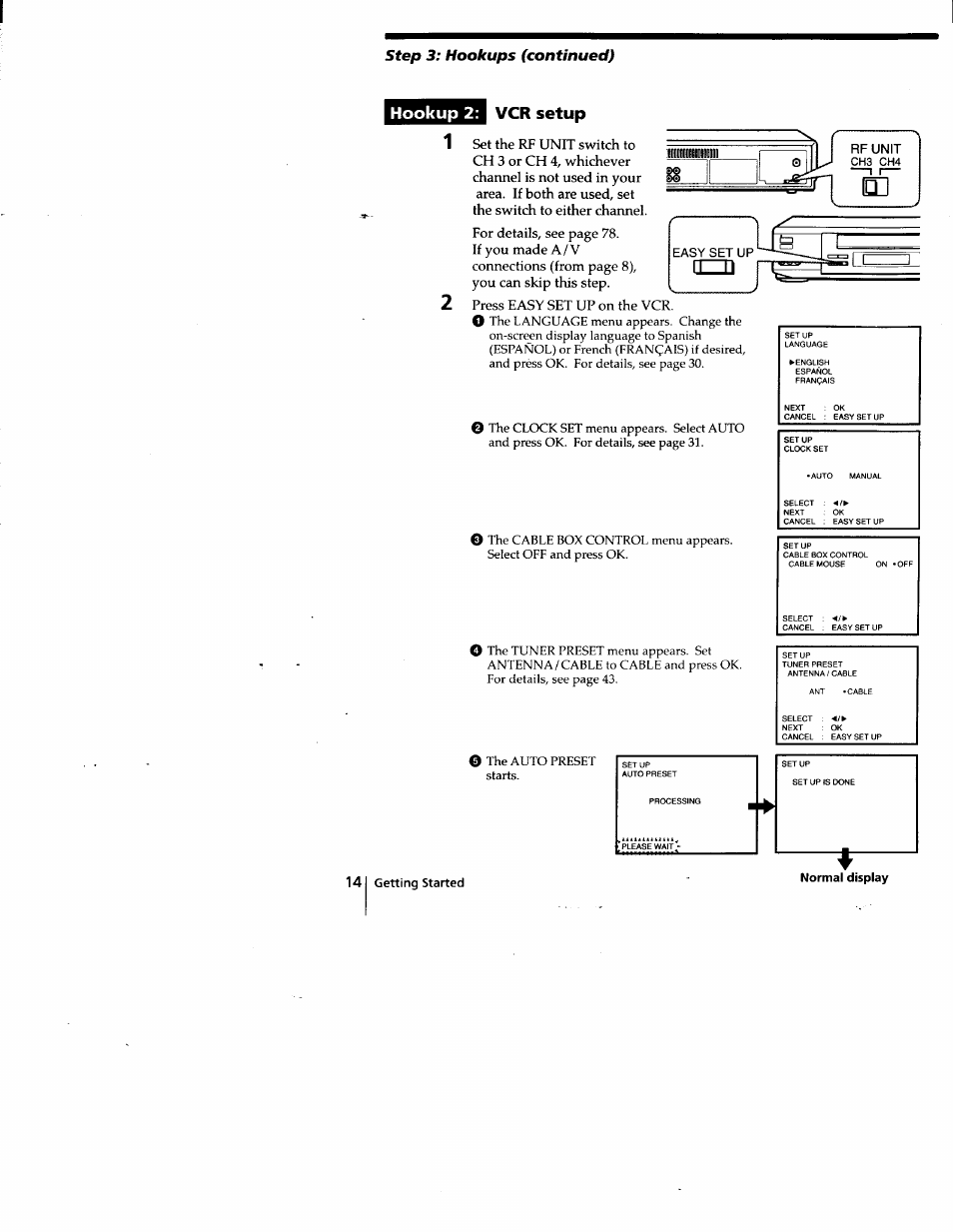 Hookup 2: vcr setup, Step 3: hookups (continued) | Sony SLV-778HF User Manual | Page 14 / 88