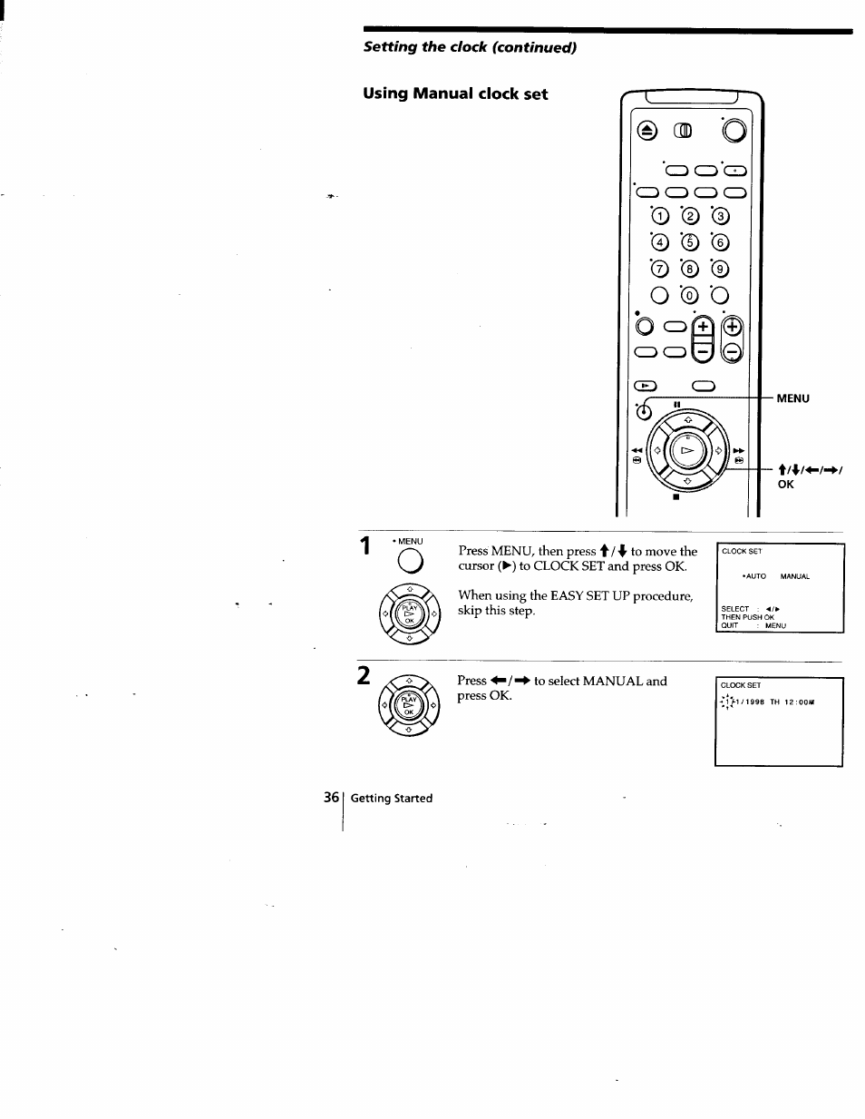 Using manual clock set, Setting the clock (continued) | Sony SLV-778HF User Manual | Page 36 / 88