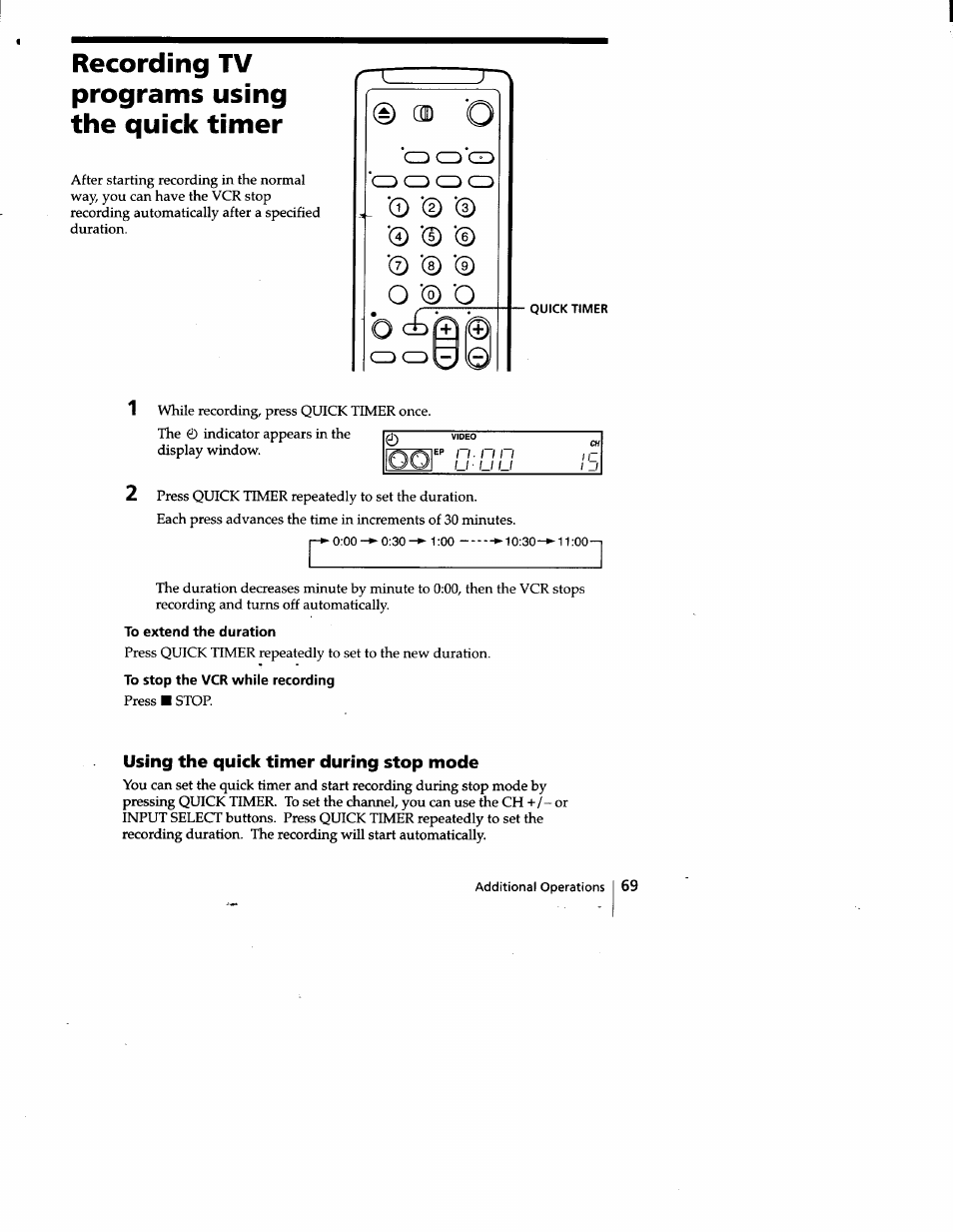 Recording tv programs using the quick timer, To extend the duration, Using the quick timer during stop mode | Sony SLV-778HF User Manual | Page 69 / 88