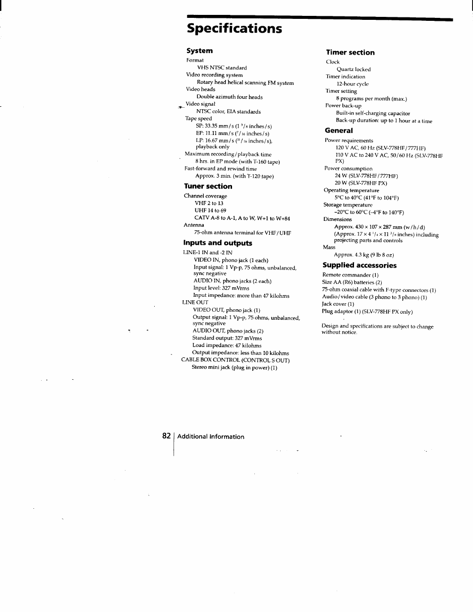 Specifications | Sony SLV-778HF User Manual | Page 82 / 88