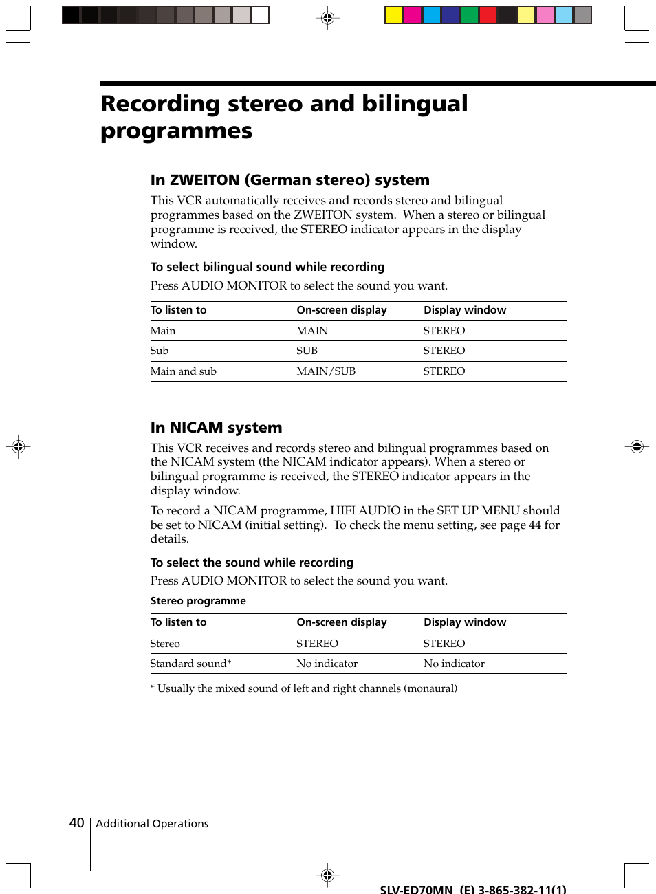 Recording stereo and bilingual programmes | Sony SLV-ED70MN User Manual | Page 40 / 55