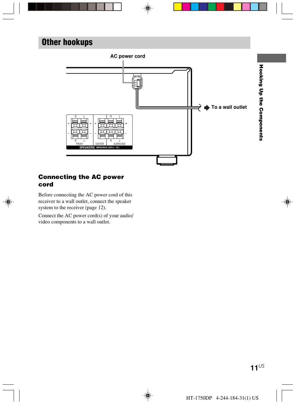 Other hookups, Connecting the ac power cord | Sony HT-1750DP User Manual | Page 11 / 48