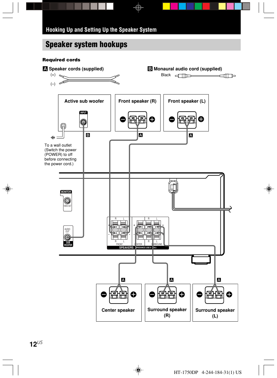 Hooking up and setting up the speaker system, Speaker system hookups, Ee e e | Sony HT-1750DP User Manual | Page 12 / 48