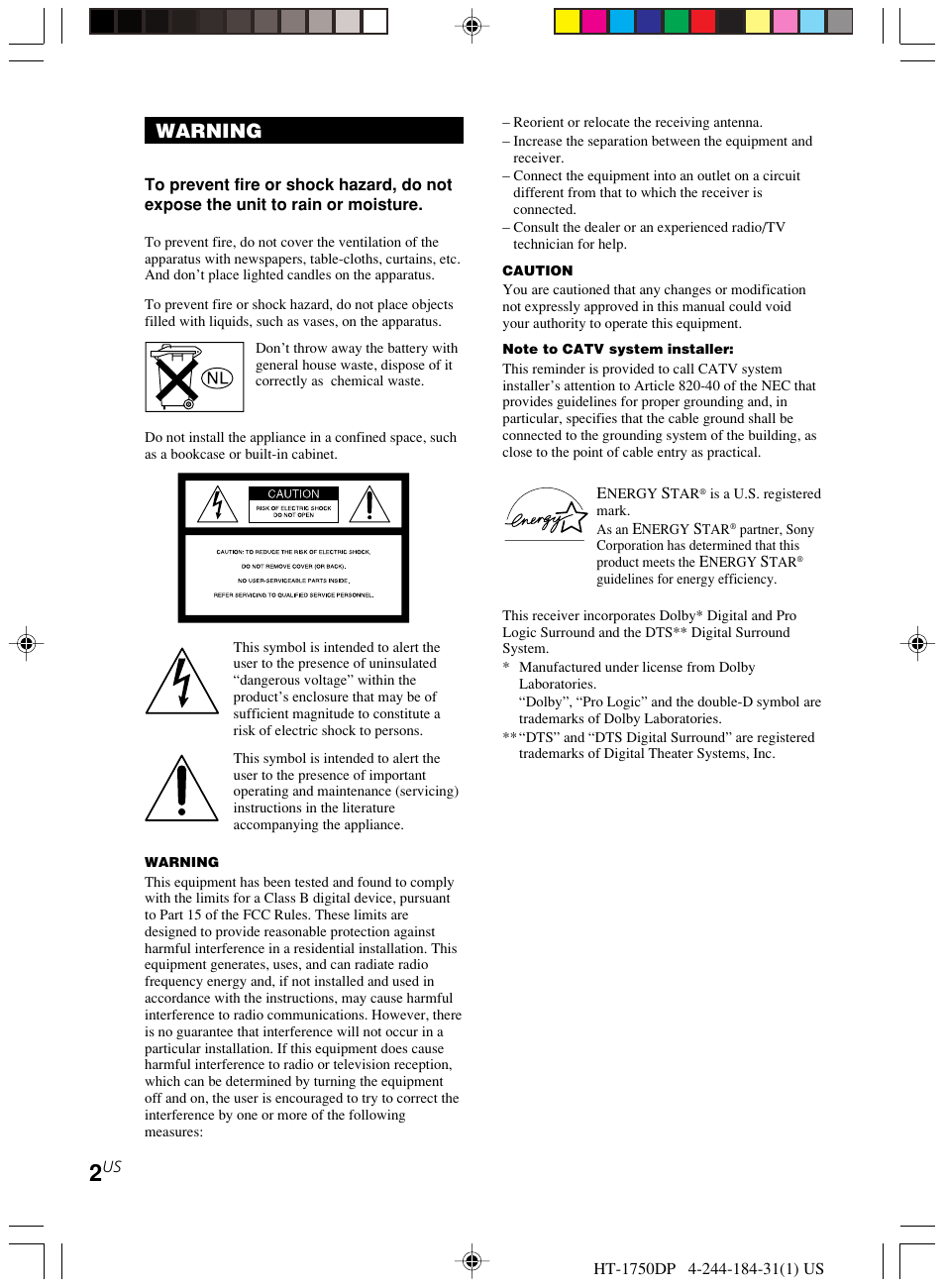 Warning | Sony HT-1750DP User Manual | Page 2 / 48