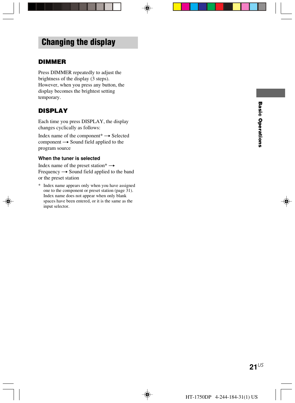 Changing the display | Sony HT-1750DP User Manual | Page 21 / 48