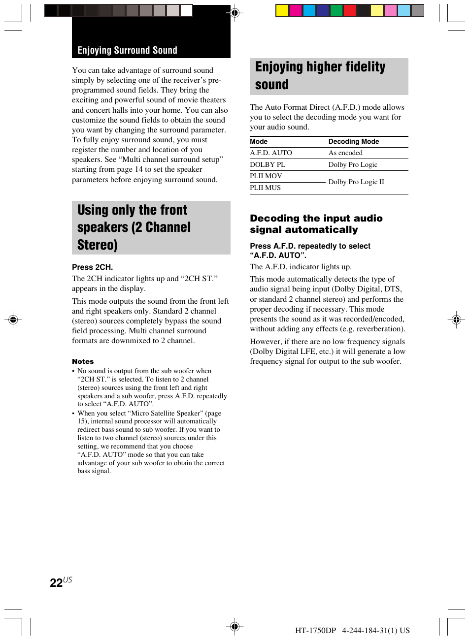 Enjoying surround sound, Using only the front speakers, 2 channel stereo) | Enjoying higher fidelity sound, Using only the front speakers (2 channel stereo) | Sony HT-1750DP User Manual | Page 22 / 48