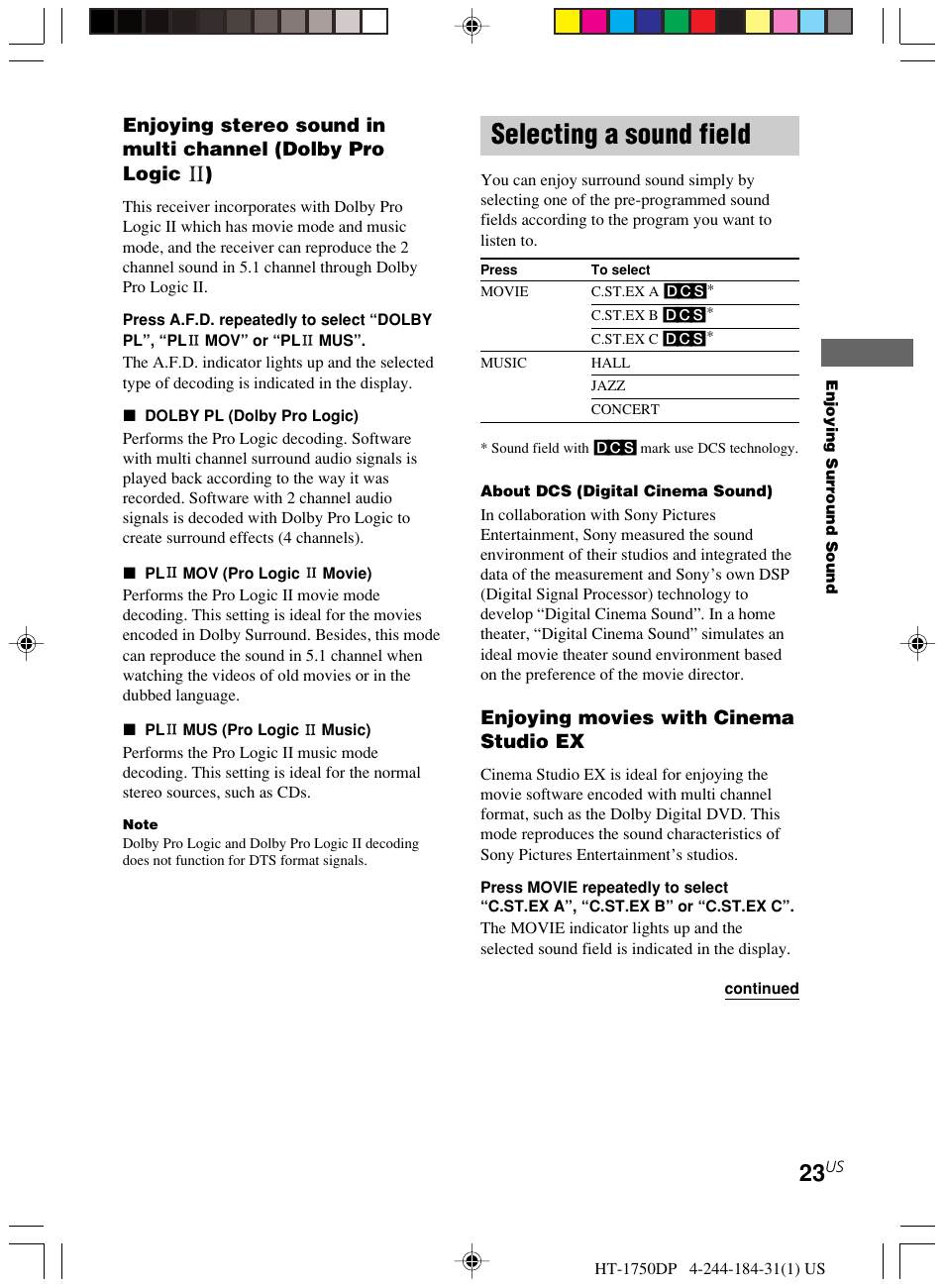 Selecting a sound field | Sony HT-1750DP User Manual | Page 23 / 48