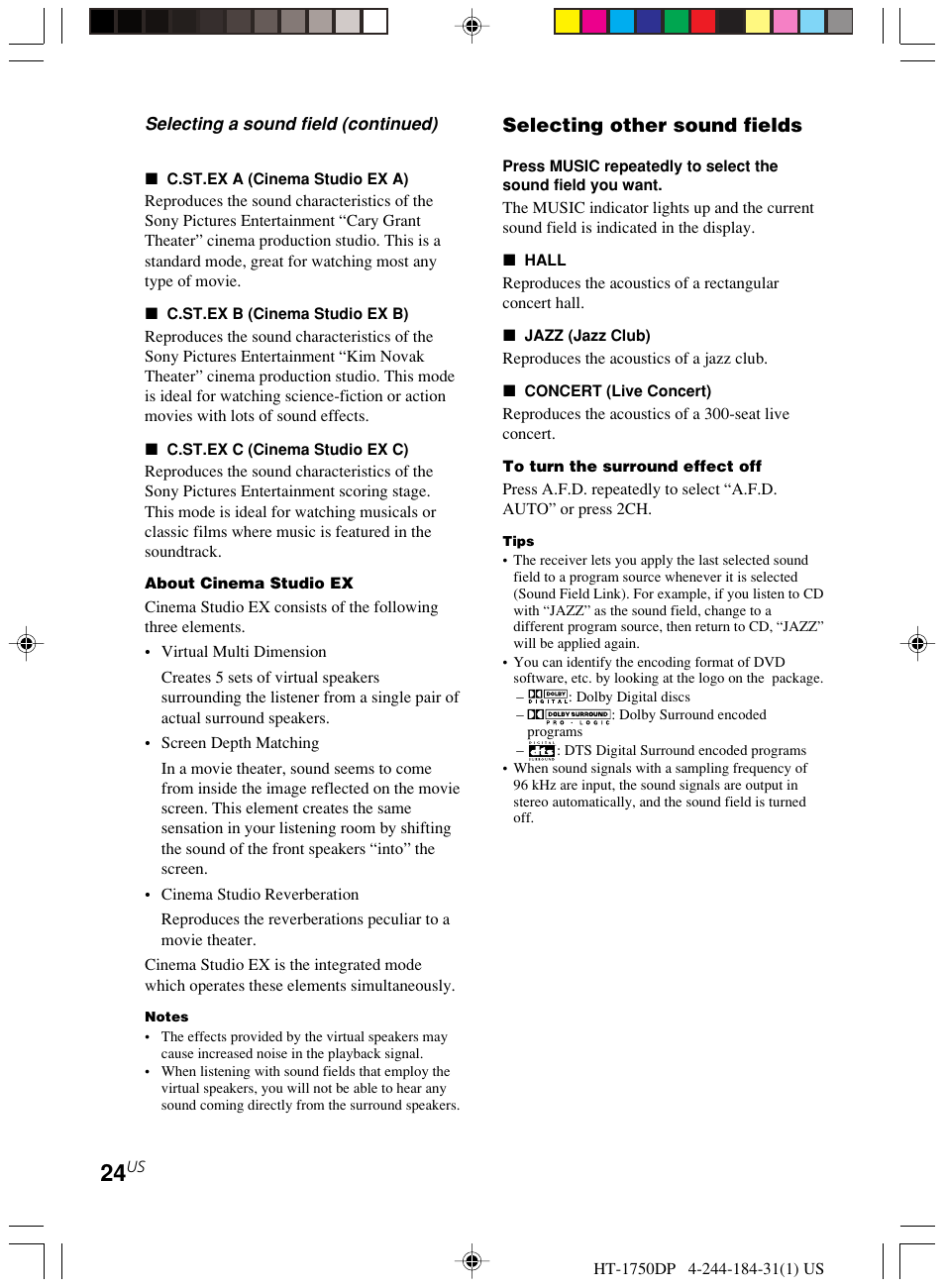 Selecting other sound fields | Sony HT-1750DP User Manual | Page 24 / 48