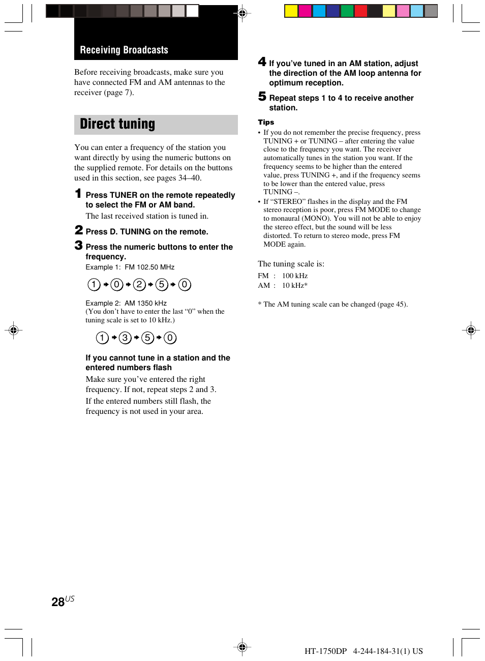 Receiving broadcasts, Direct tuning | Sony HT-1750DP User Manual | Page 28 / 48