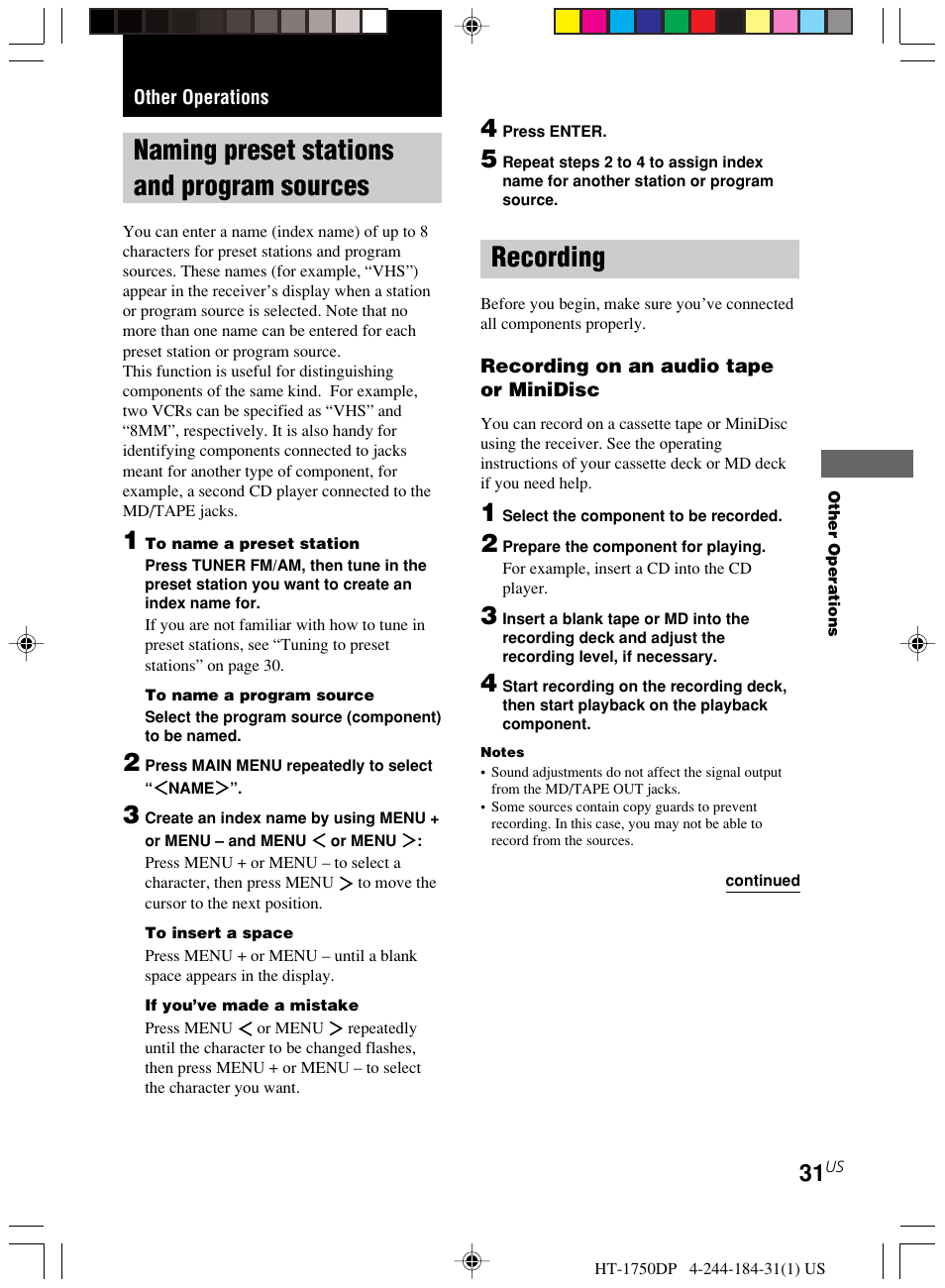 Other operations, Naming preset stations and program, Sources | Recording, Naming preset stations and program sources | Sony HT-1750DP User Manual | Page 31 / 48