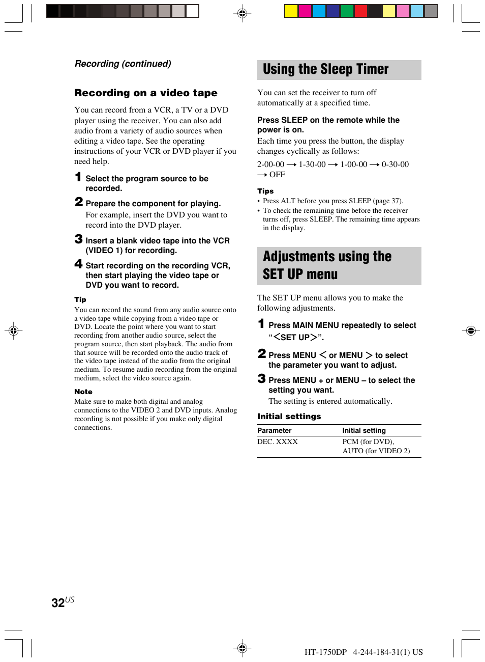 Using the sleep timer adjustments using the set up, Menu, Using the sleep timer | Adjustments using the set up menu | Sony HT-1750DP User Manual | Page 32 / 48