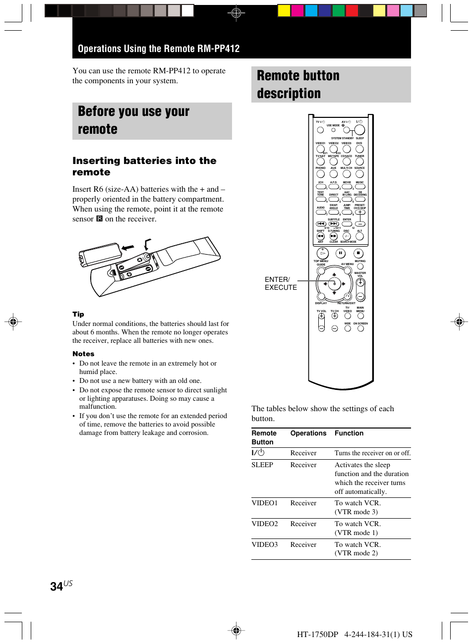 Operations using the remote rm-pp412, Before you use your remote, Remote button description | Inserting batteries into the remote, The tables below show the settings of each button, Remote operations function button, Enter/ execute | Sony HT-1750DP User Manual | Page 34 / 48