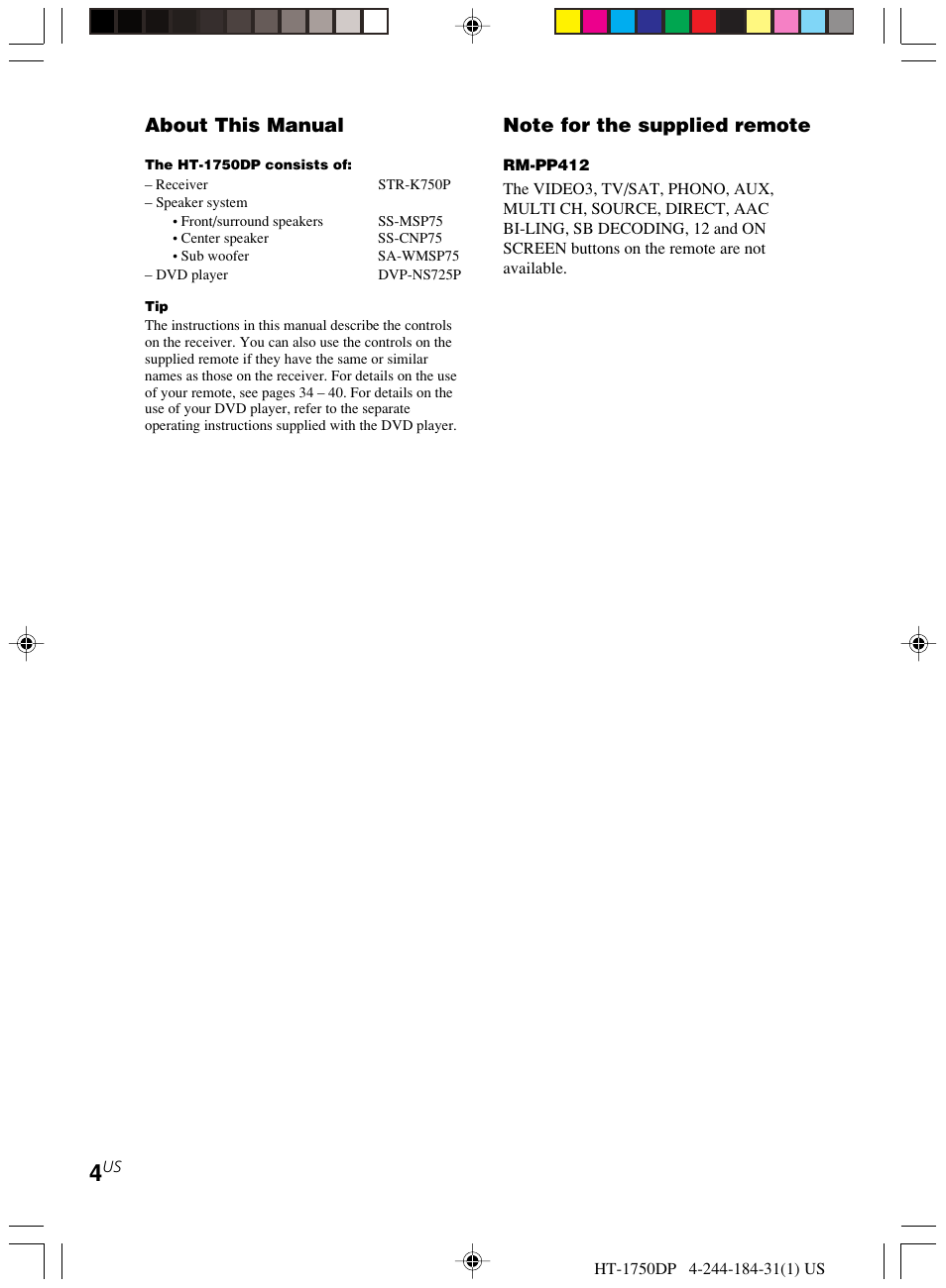 About this manual | Sony HT-1750DP User Manual | Page 4 / 48