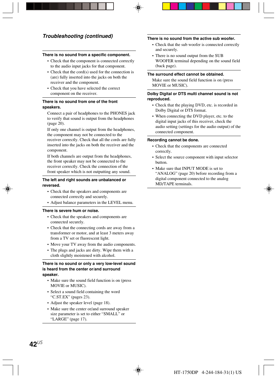 Troubleshooting (continued) | Sony HT-1750DP User Manual | Page 42 / 48