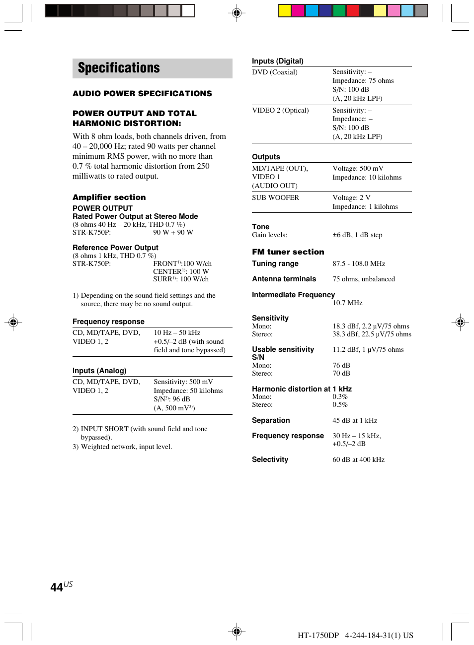 Specifications | Sony HT-1750DP User Manual | Page 44 / 48