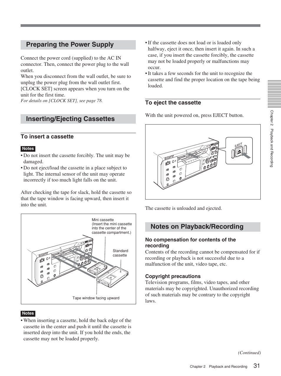 Preparing the power supply, Inserting/ejecting cassettes, Notes on playback/recording | Sony 2-678-737-13(1) User Manual | Page 31 / 104