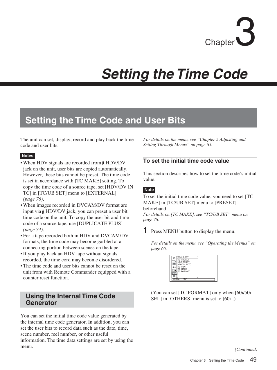 Chapter 3 setting the time code, Setting the time code and user bits, Using the internal time code generator | Setting the time code, Chapter | Sony 2-678-737-13(1) User Manual | Page 49 / 104