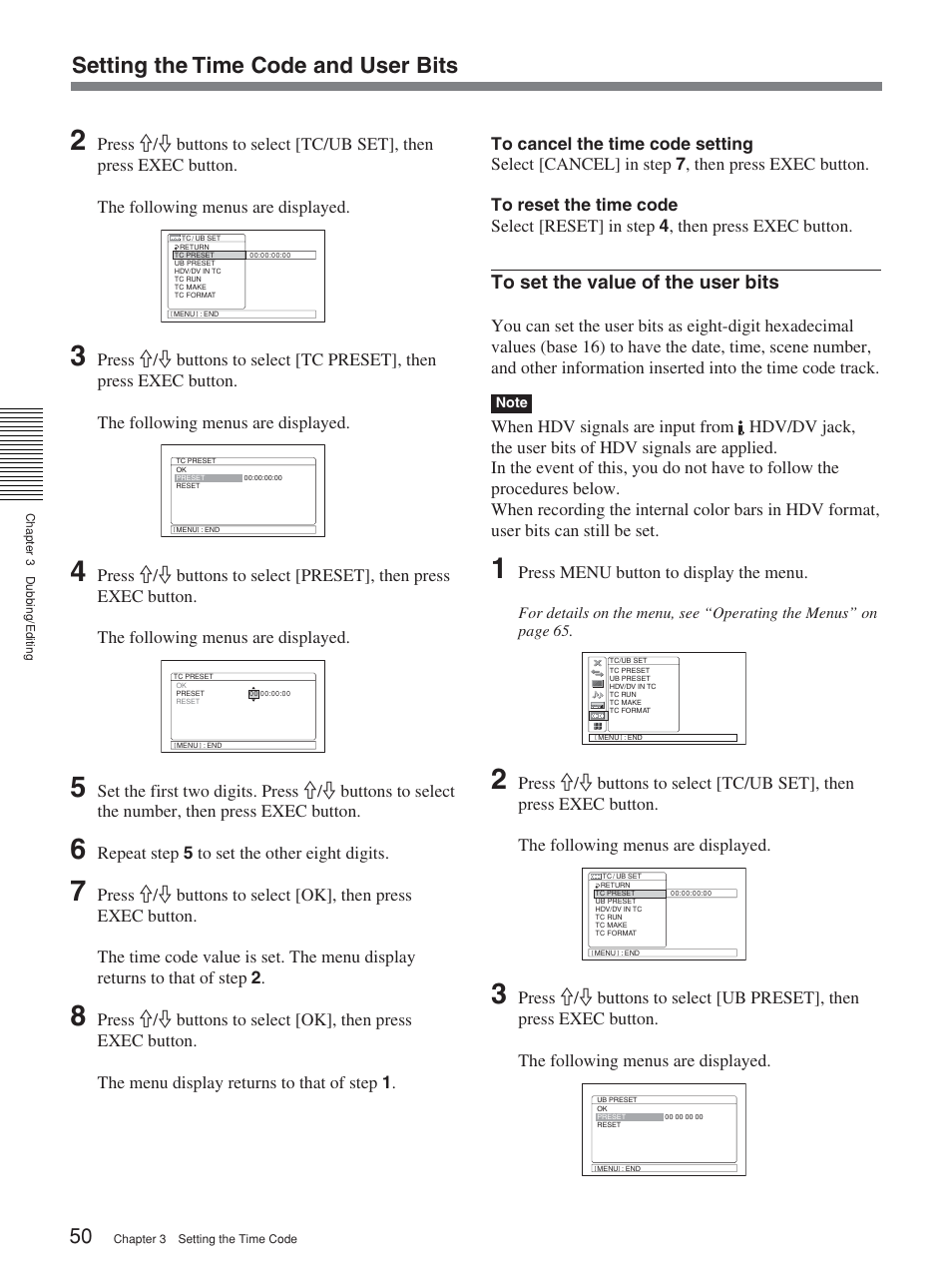 Setting the time code and user bits, Press menu button to display the menu, Repeat step 5 to set the other eight digits | Sony 2-678-737-13(1) User Manual | Page 50 / 104