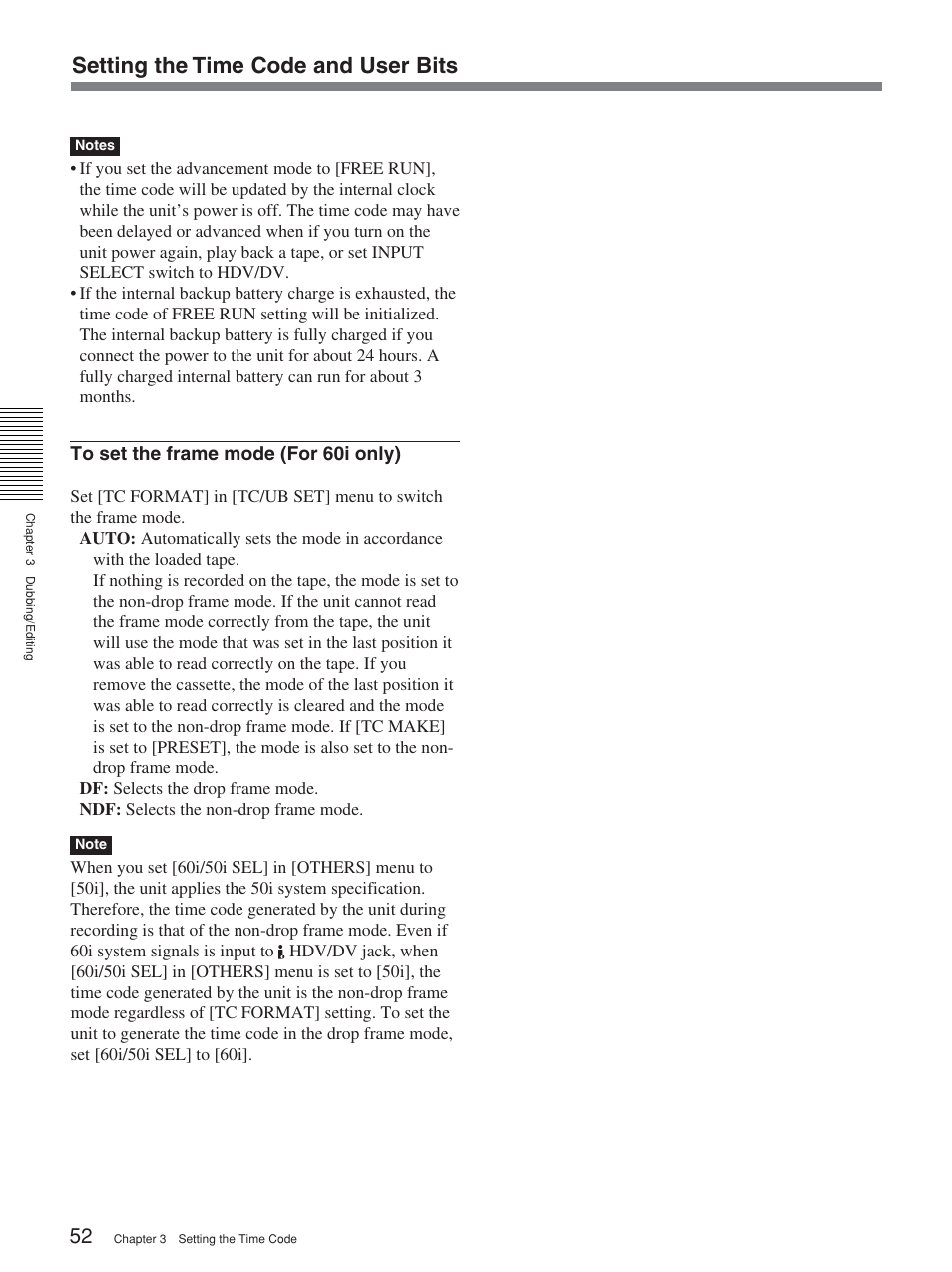 Setting the time code and user bits | Sony 2-678-737-13(1) User Manual | Page 52 / 104