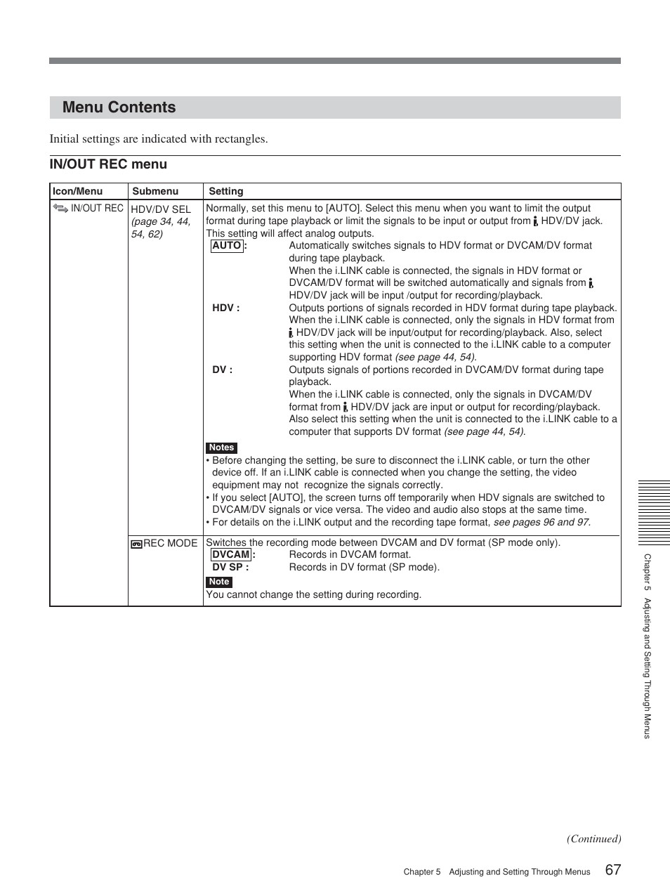 Menu contents, In/out rec menu | Sony 2-678-737-13(1) User Manual | Page 67 / 104