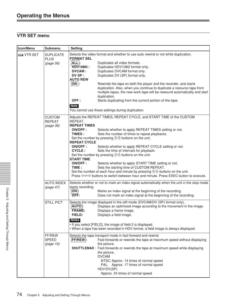 Operating the menus, Vtr set menu | Sony 2-678-737-13(1) User Manual | Page 74 / 104