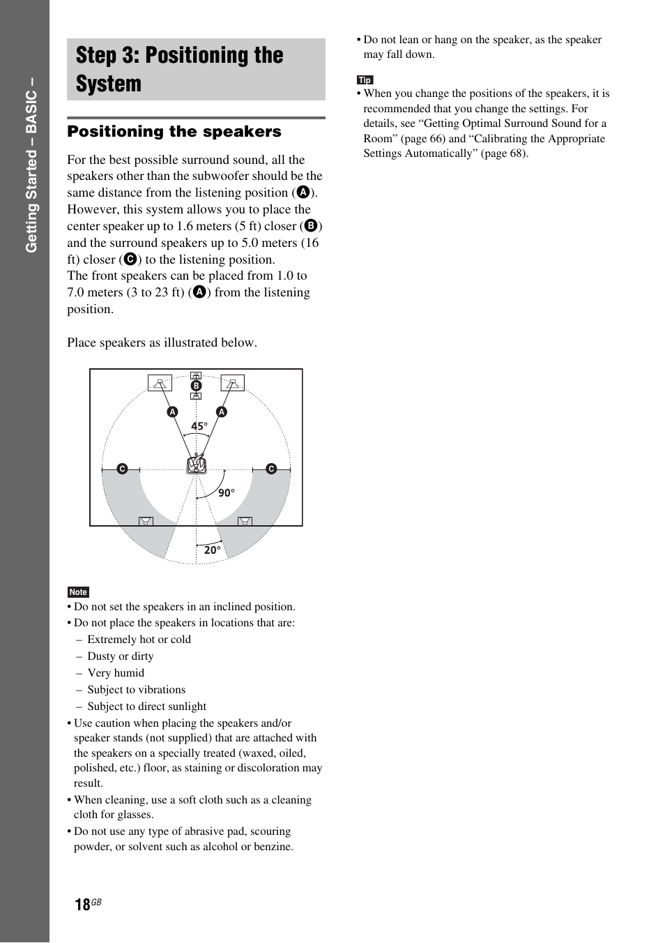 Step 3: positioning the system, Positioning the speakers | Sony DAV-DZ110 User Manual | Page 18 / 100