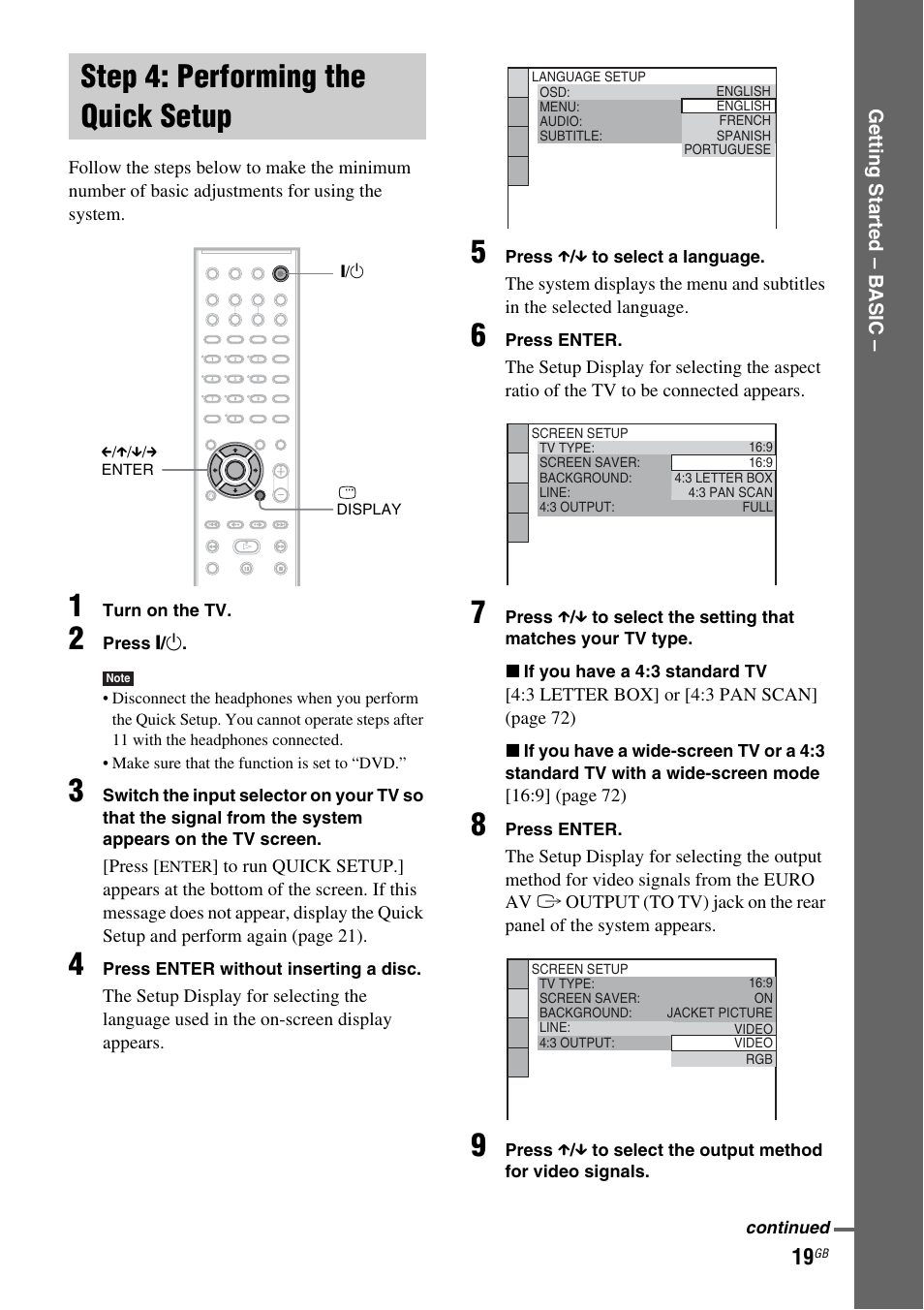 Step 4: performing the quick setup, Step 4: performing the quick, Setup | Sony DAV-DZ110 User Manual | Page 19 / 100