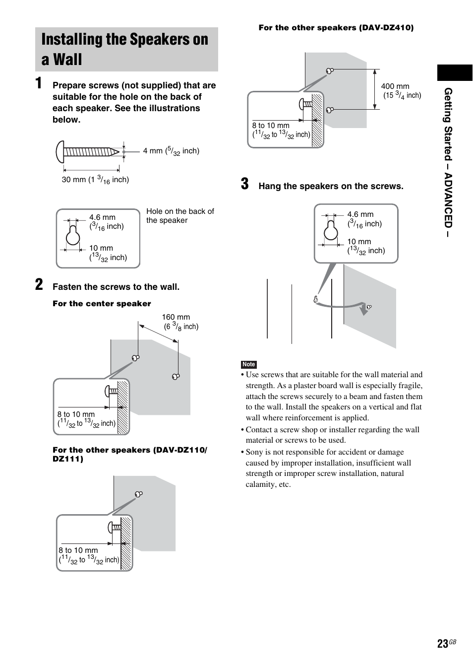 Installing the speakers on a wall, Getting star ted – ad v anced | Sony DAV-DZ110 User Manual | Page 23 / 100