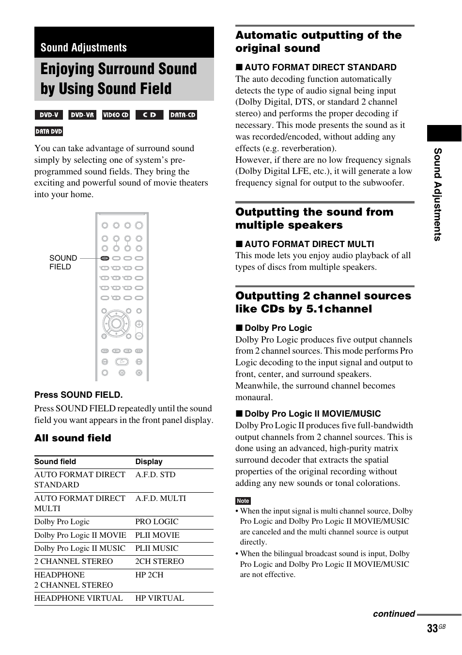 Sound adjustments, Enjoying surround sound by using sound field, Automatic outputting of the original sound | Outputting the sound from multiple speakers, Enjoying surround sound by using sound, Field | Sony DAV-DZ110 User Manual | Page 33 / 100