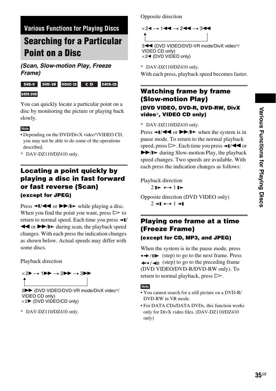 Various functions for playing discs, Searching for a particular point on a disc, Watching frame by frame (slow-motion play) | Playing one frame at a time (freeze frame), Searching for a particular point, On a disc (scan, slow-motion play, freeze frame) | Sony DAV-DZ110 User Manual | Page 35 / 100