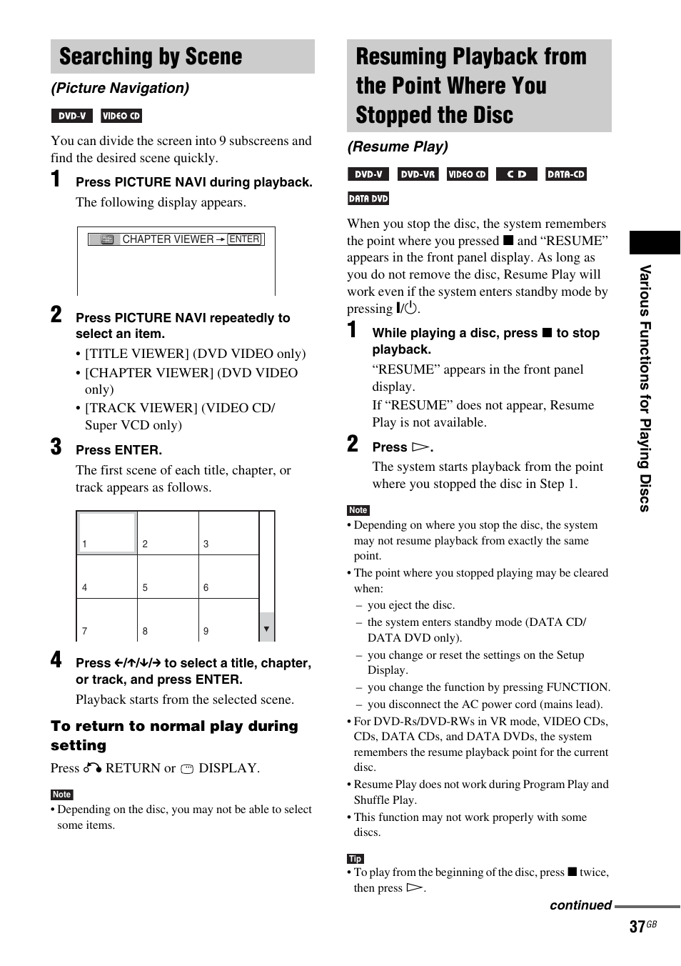 Searching by scene, Picture navigation), Resuming playback from the point where | You stopped the disc (resume play) | Sony DAV-DZ110 User Manual | Page 37 / 100