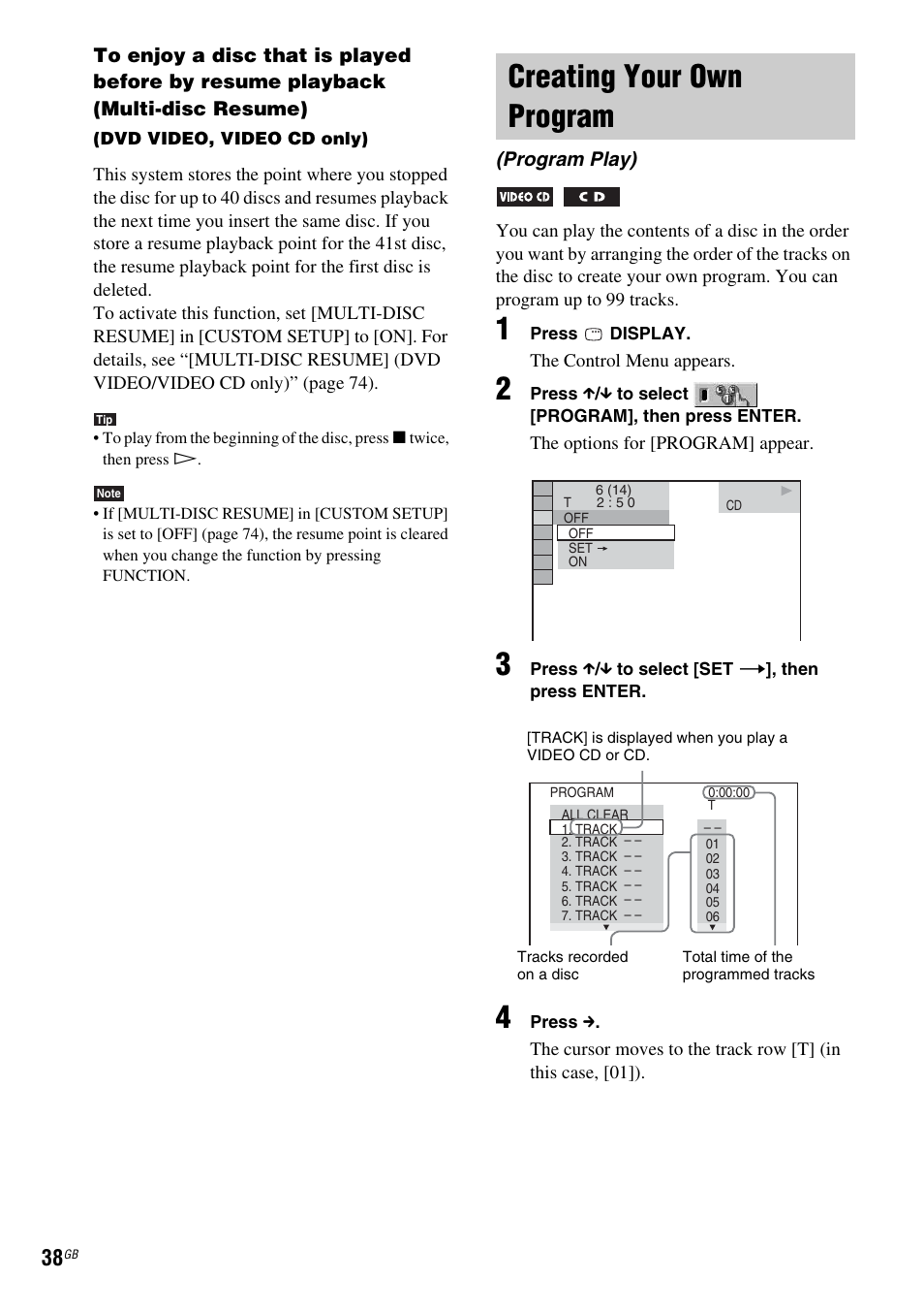 Creating your own program, Program play) | Sony DAV-DZ110 User Manual | Page 38 / 100