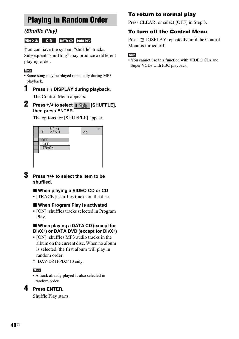Playing in random order, Shuffle play) | Sony DAV-DZ110 User Manual | Page 40 / 100