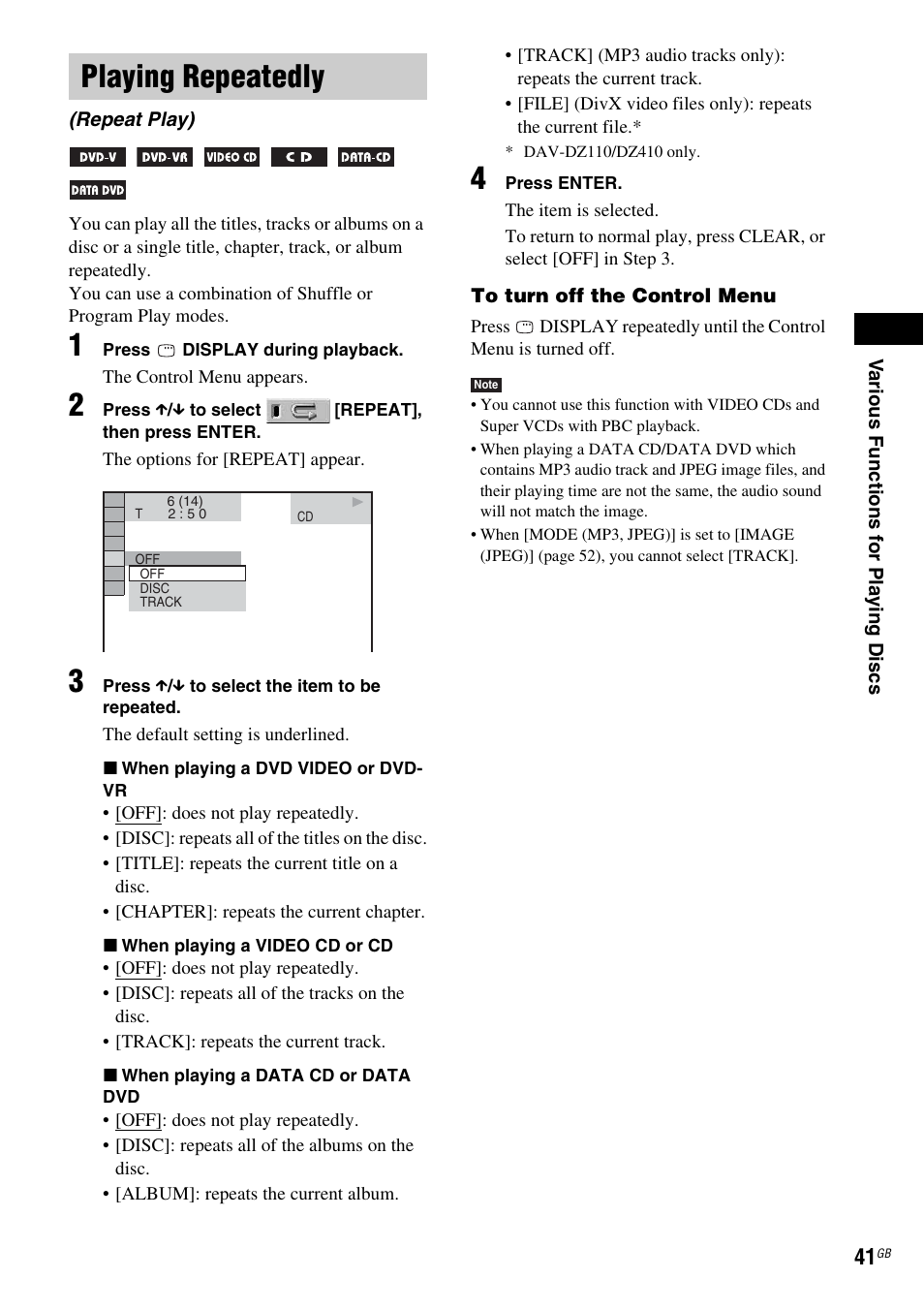 Playing repeatedly, Repeat play) | Sony DAV-DZ110 User Manual | Page 41 / 100