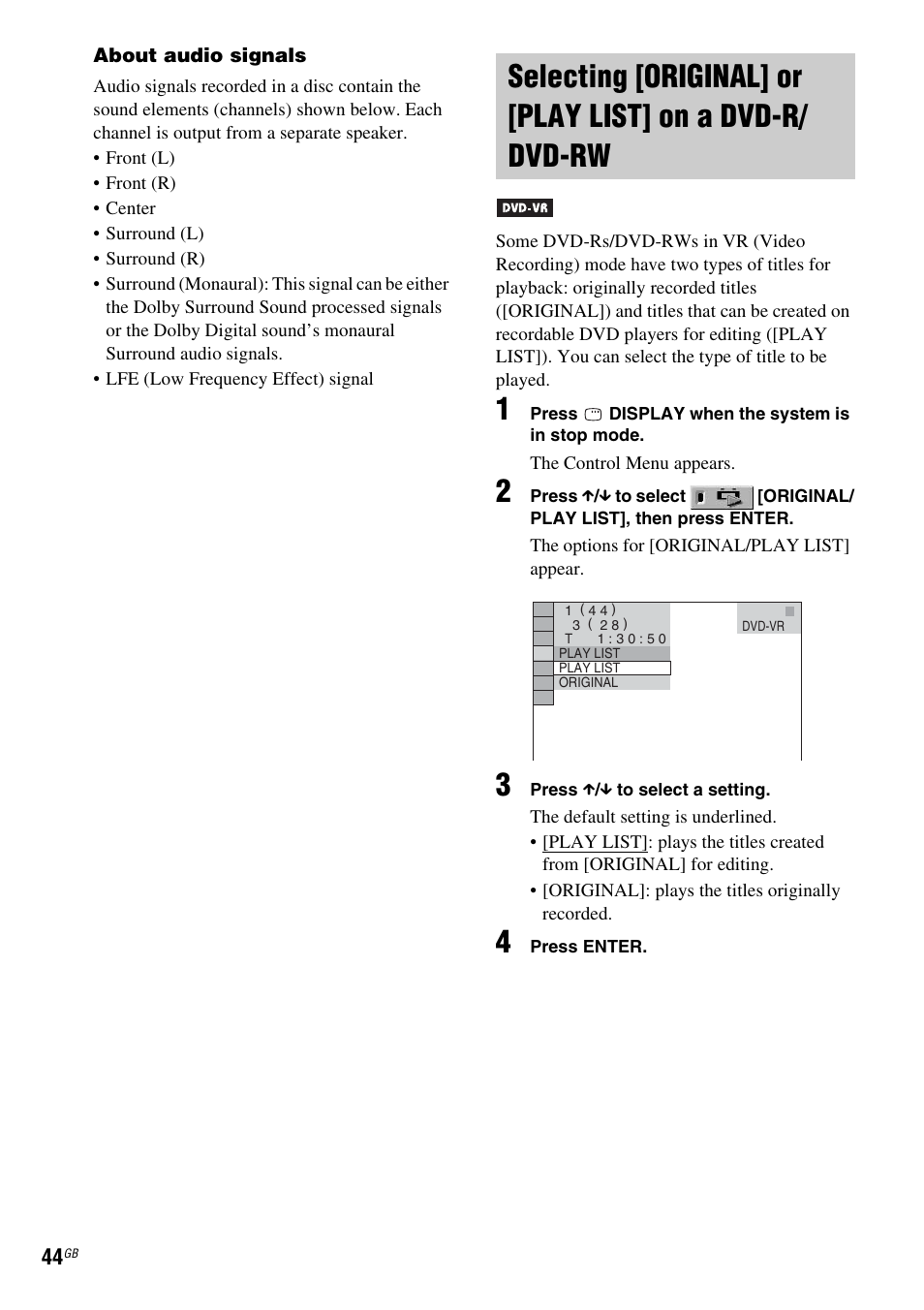 Selecting [original] or [play list, On a dvd-r/dvd-rw | Sony DAV-DZ110 User Manual | Page 44 / 100