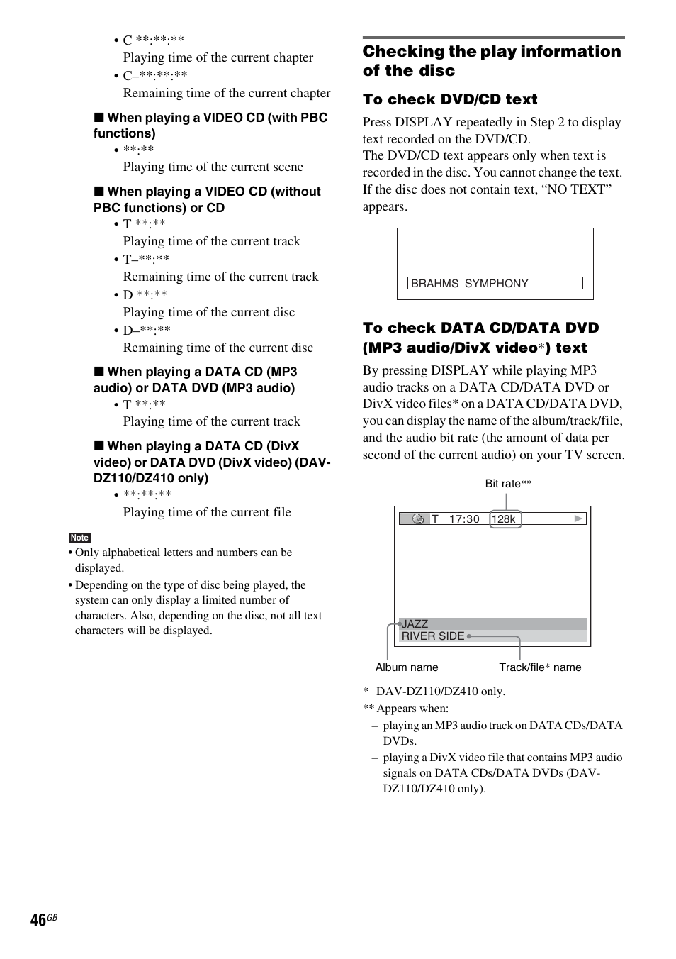 Checking the play information of the disc | Sony DAV-DZ110 User Manual | Page 46 / 100