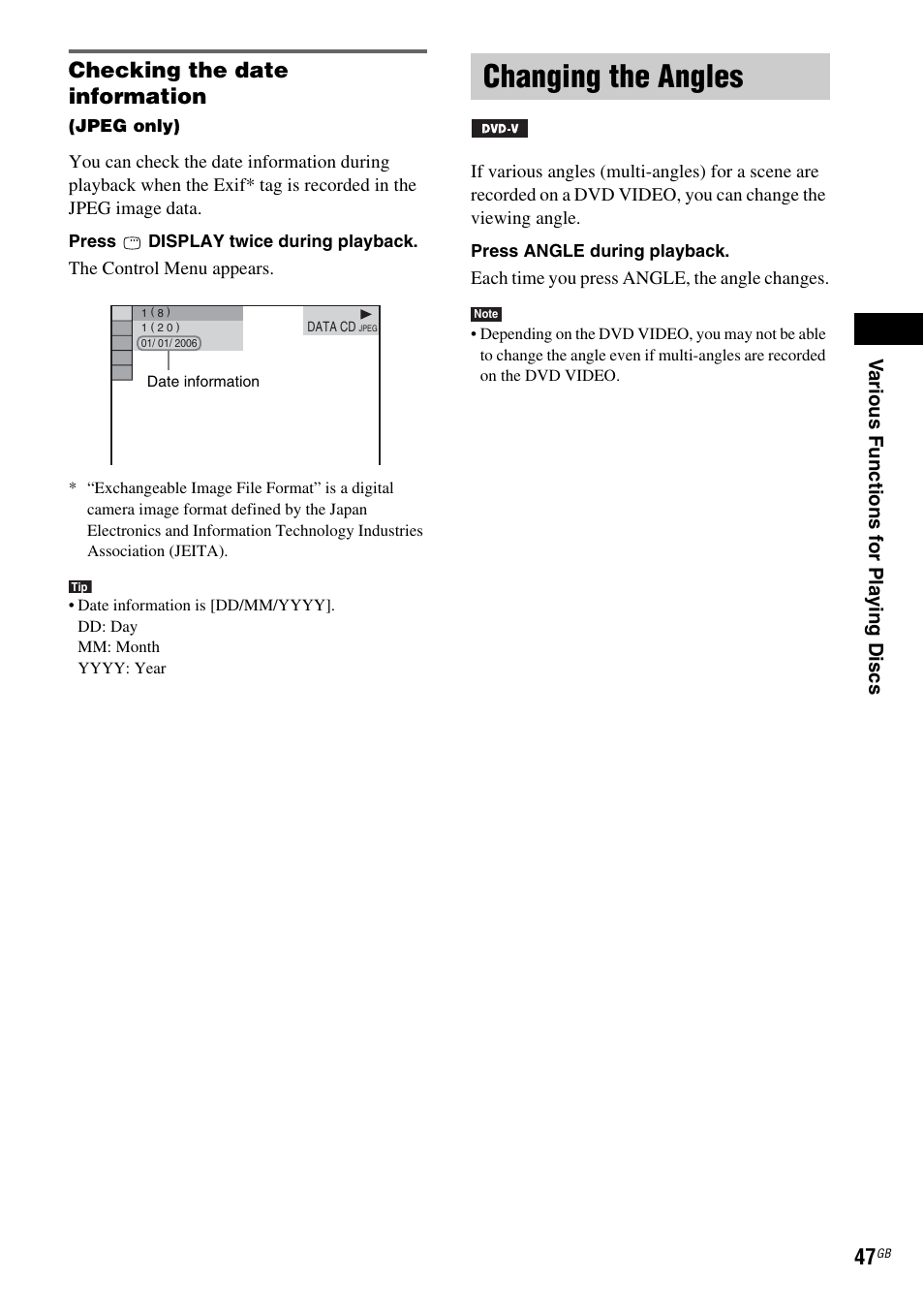 Checking the date information, Changing the angles | Sony DAV-DZ110 User Manual | Page 47 / 100