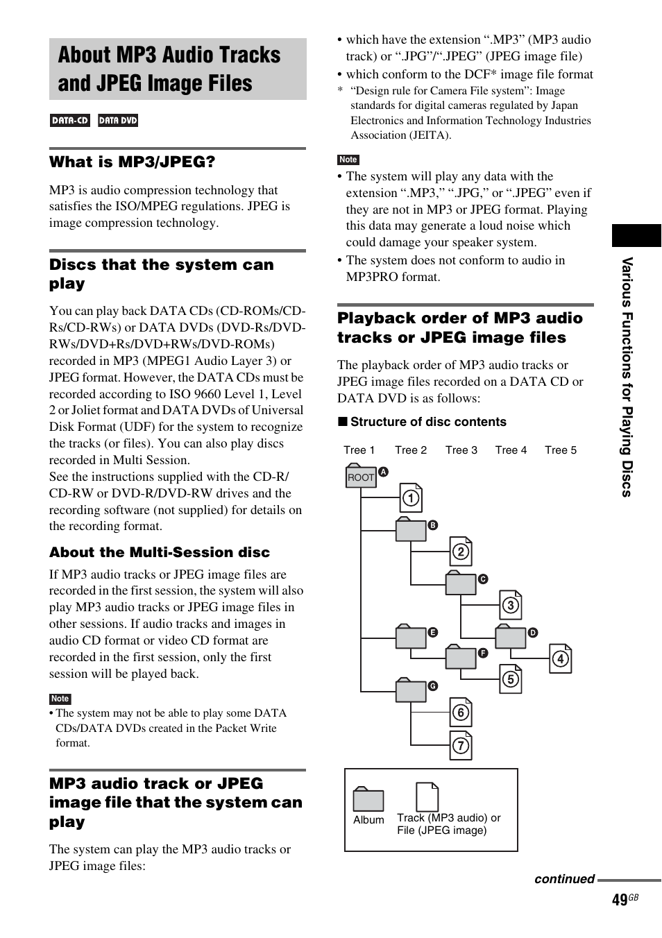 About mp3 audio tracks and jpeg image files, What is mp3/jpeg, Discs that the system can play | About mp3 audio tracks and jpeg, Image files | Sony DAV-DZ110 User Manual | Page 49 / 100